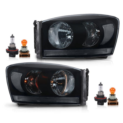 G-PLUS Headlights Assembly w/Bulbs Light Bar Left and Right Side Compatible with Dodge Ram 1500 2006-2008/Fit Dodge Ram 2500 3500 2006-2009 Smoke Lens Black Housing Clear Reflector