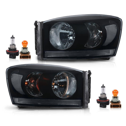 G-PLUS Headlights Assembly w/Bulbs Light Bar Left and Right Side Compatible with Dodge Ram 1500 2006-2008/Fit Dodge Ram 2500 3500 2006-2009 Smoke Lens Black Housing Clear Reflector