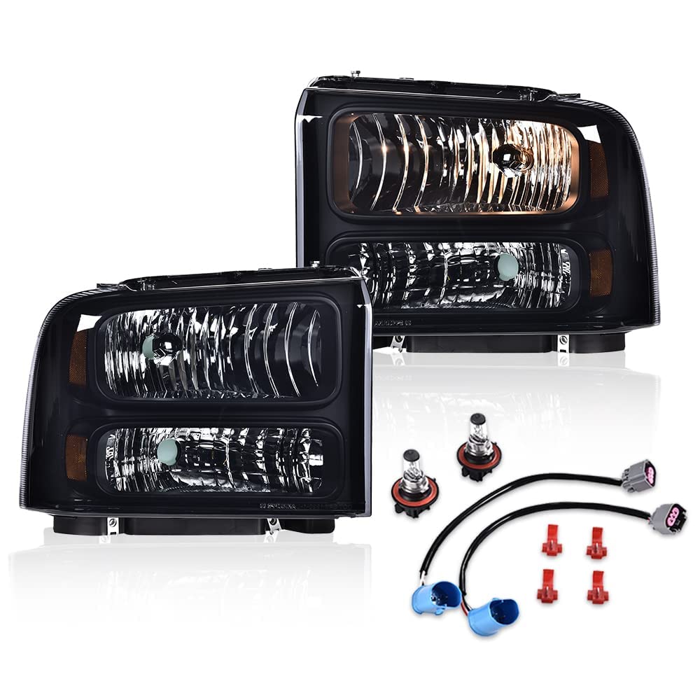 G-PLUS Headlights Assembly, Compatible with 99-04 Ford F250 F350 F450 F550 Super Duty/00-04 Ford Excursion Bumper Headlamps, Smoky Lens Black Housing Amber Reflector,faros delanteros