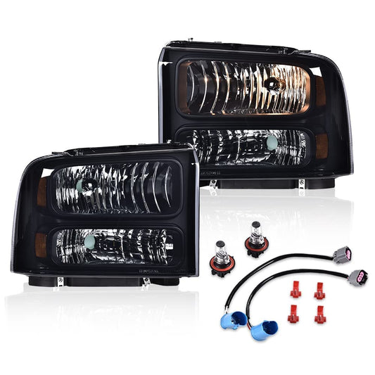 G-PLUS Headlights Assembly, Compatible with 99-04 Ford F250 F350 F450 F550 Super Duty/00-04 Ford Excursion Bumper Headlamps, Smoky Lens Black Housing Amber Reflector,faros delanteros