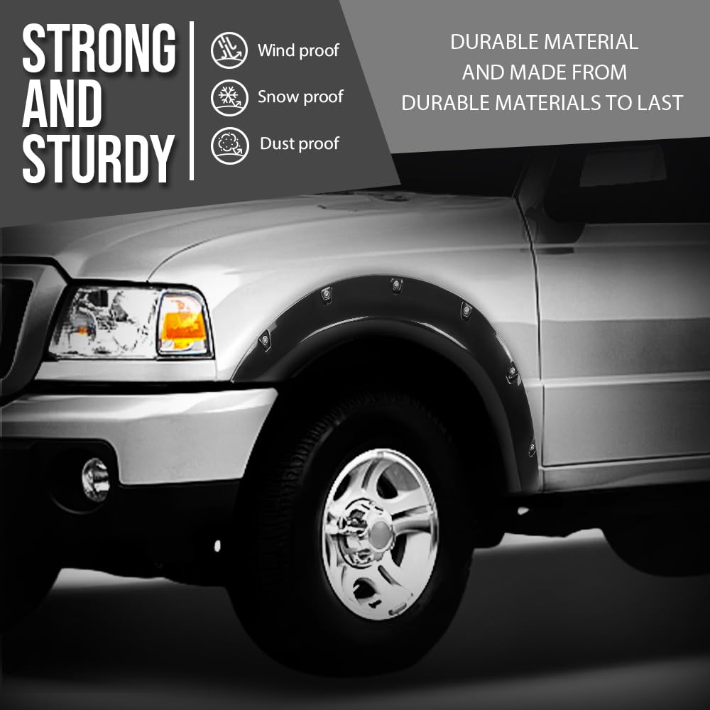 G-PLUS Fender Flares Compatible with Ford Ranger 1993-2011, Fit 6' and 7' Styleside Beds Only, Not Fit FX4 Submodels Black, Smooth Riveted Style