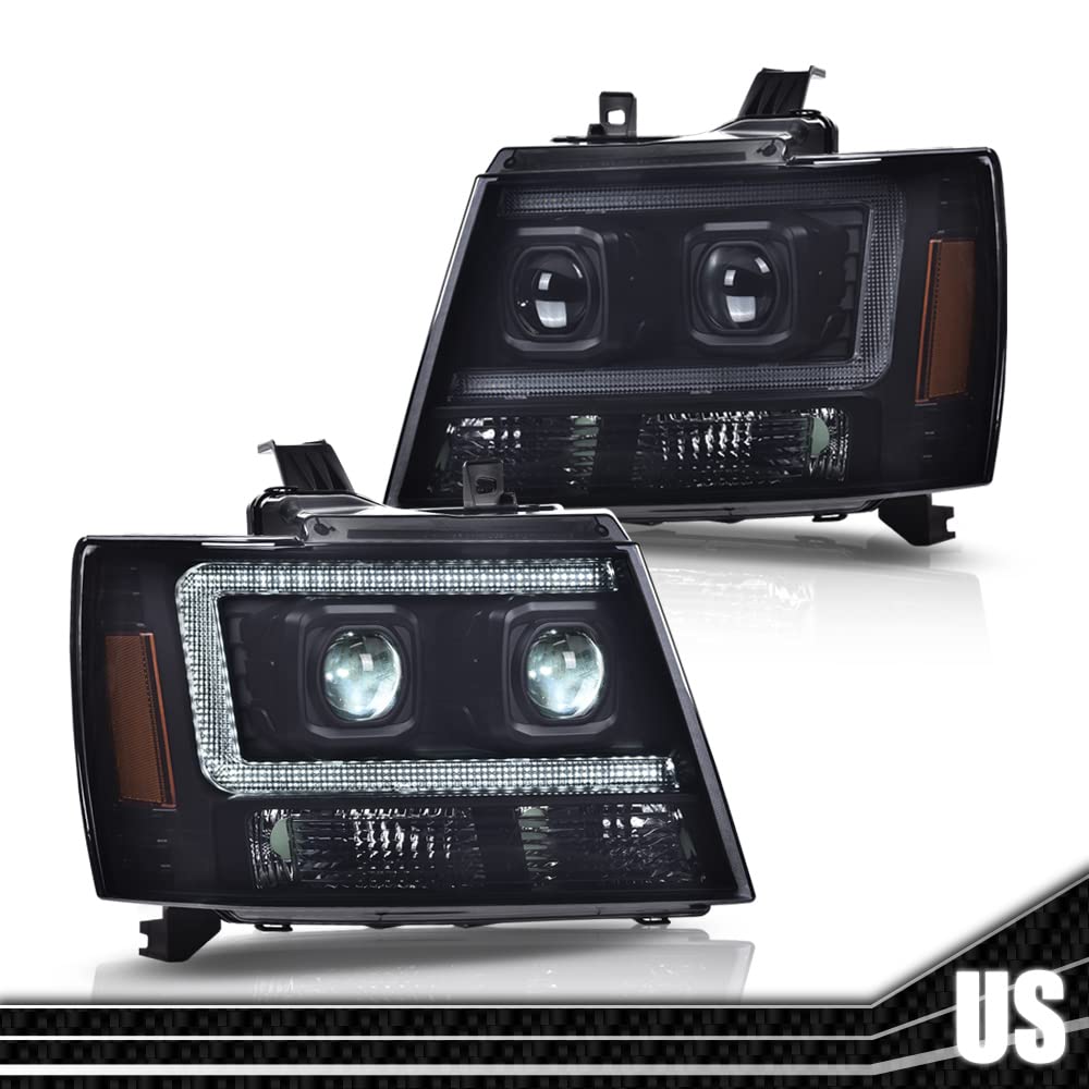 G-PLUS LED Tube Dual Projector Headlights, Compatible with 2007-2014 Chevy Tahoe/Suburban Bumper Headlamps Assembly, Smoky Lens Black Housing Amber Reflector,faros delanteros