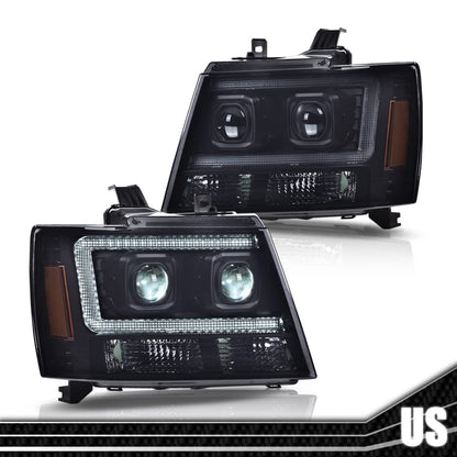 G-PLUS LED Tube Dual Projector Headlights, Compatible with 2007-2014 Chevy Tahoe/Suburban Bumper Headlamps Assembly, Smoky Lens Black Housing Amber Reflector,faros delanteros