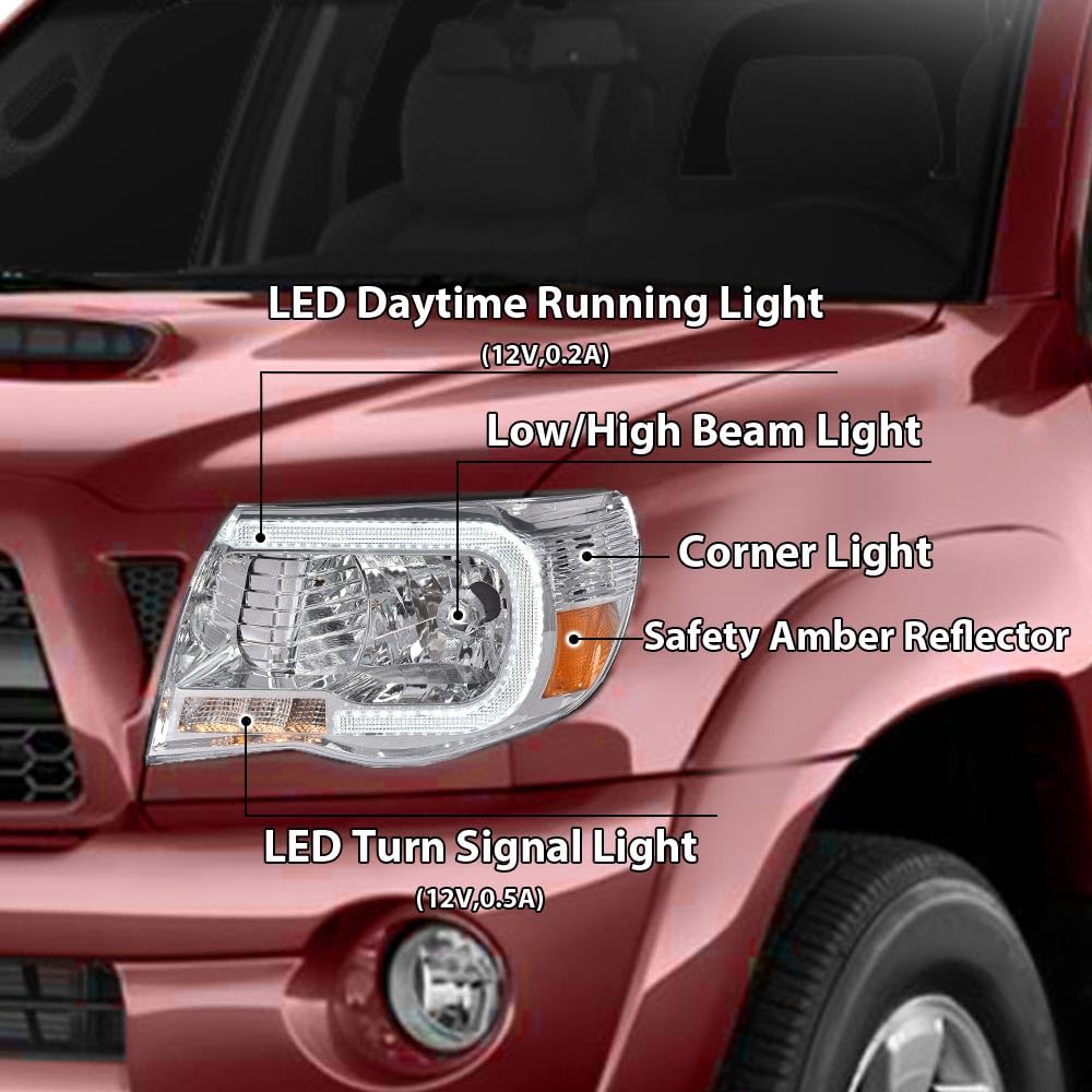 G-PLUS LED Headlights Assembly,Fit For 2005-2011 Toyota Tacoma,DRL Tube Halo Projector Headlamps w/o Bulbs,faros delanteros Clear lens Chrome Housing Amber Reflector Left & Right