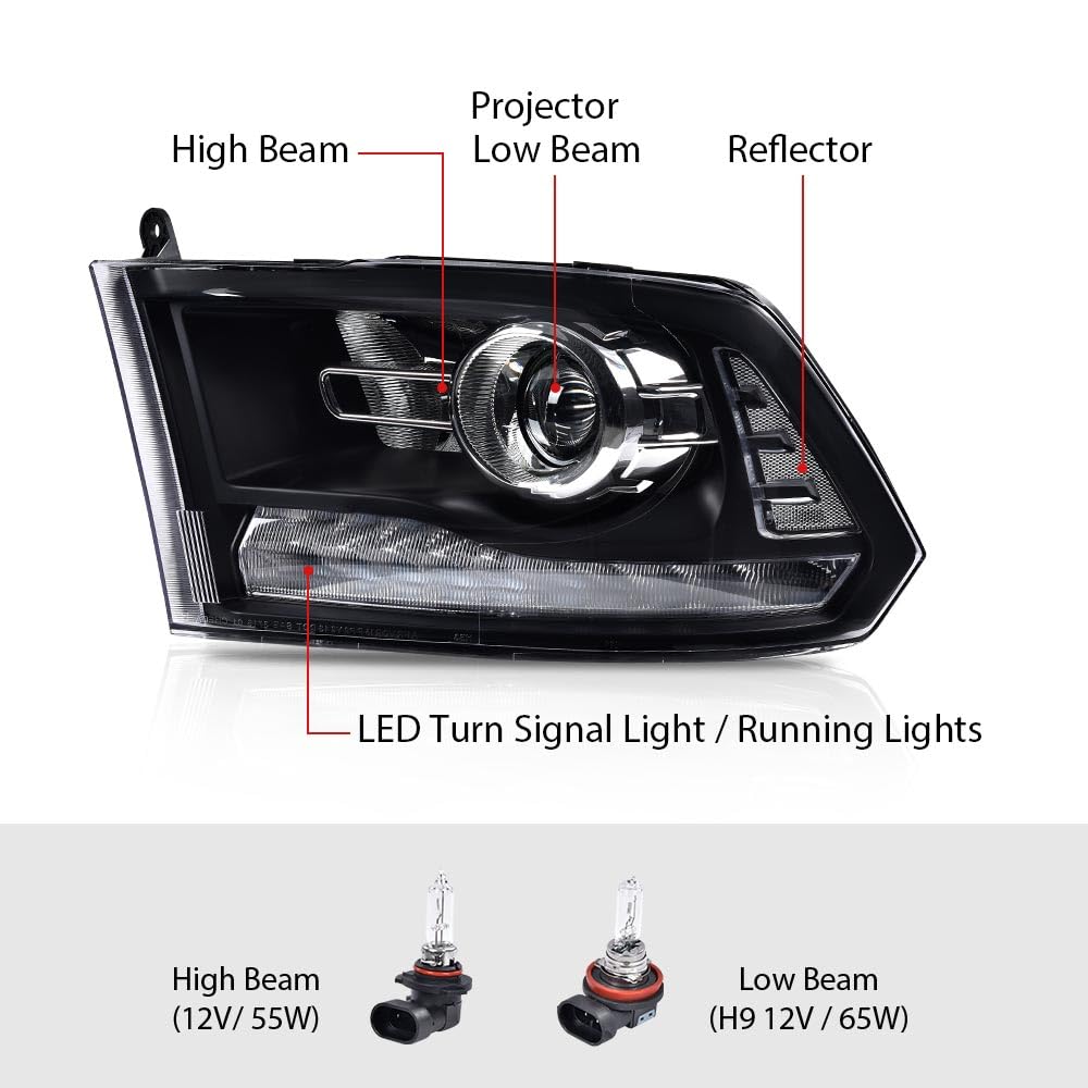 G-PLUS LED Bar Plank Headlights Fit Dodge Ram 1500 2500 3500 2013-2018 Projector Headlight Clear Lens Black Housing Clear Reflector CH2503217 55277409AD Bumper Headlamps,faros delanteros Assembly
