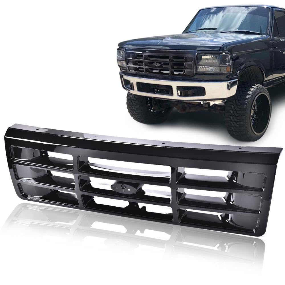 G-PLUS Front Grille Grill Compatible with 1992-1996 Bronco/1992-1997 Ford F150 F250 F350 Platinum Chrome w/Emblem Truck Replacement, Gloss Black FO1200173 FO2512130 FO2513131