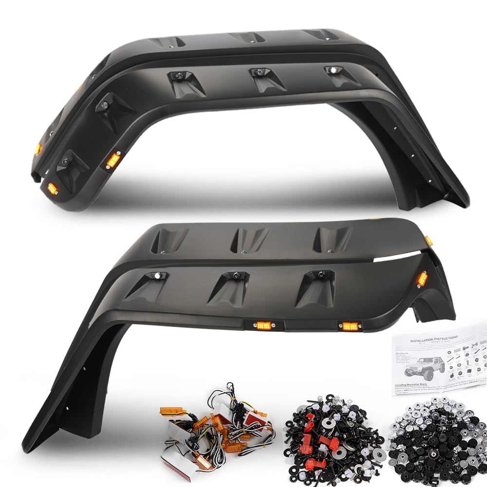 G-PLUS Fender Flares w/LED Side Maker, Compatible with Jeep JK Wrangler 2/4 Door Model 2007-2018, Unlimited, Rubicon Unlimited, Smooth Pocket Riveted 4 PCS Wheel Flares