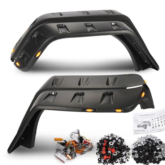 G-PLUS Fender Flares w/LED Side Maker Compatible with Jeep JK Wrangler 2/4 Door Model 2007-2018 Smooth Pocket Riveted 4 PCS Black