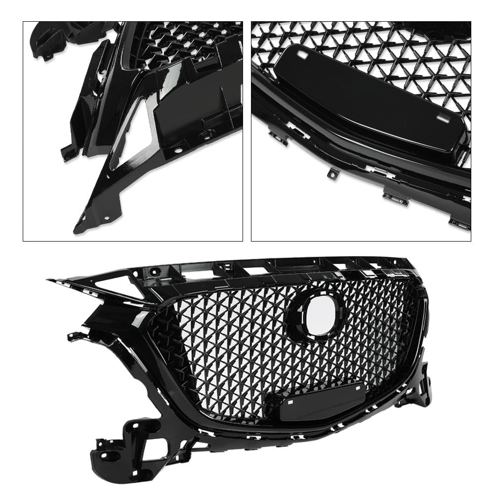 G-PLUS Front Bumper Upper Grille Compatible with Mazda 3 Axela 2017-2018 Honeycomb Mesh Grill ABS Painted Glossy Black