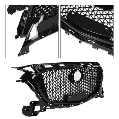 G-PLUS Front Bumper Upper Grille Compatible with Mazda 3 Axela 2017-2018 Honeycomb Mesh Grill ABS Painted Glossy Black
