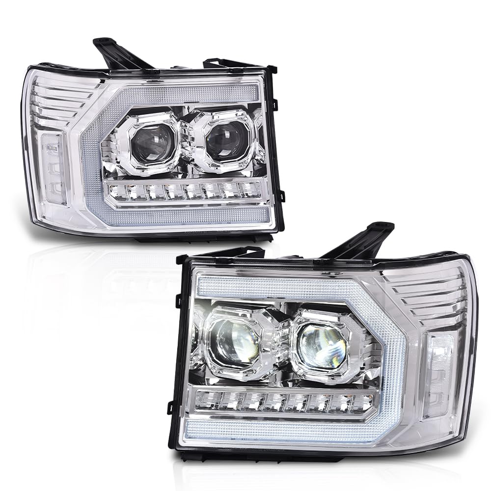 G-PLUS LED Dual convex Projector Headlights,Fit 2007-2013 GMC Sierra 1500/Fit GMC Sierra 2500HD 3500HD 2007-2014 Headlamps Assembly,Left&Right Clear Lens Chrome Housing Clear Reflector