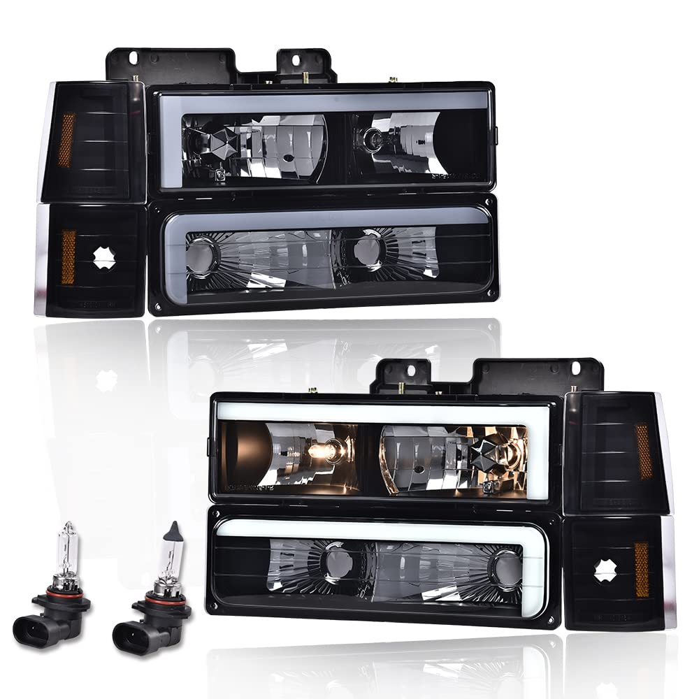 G-PLUS LED DRL headlights, Compatible with 1994 1995 1996 1997 1998 1999 2000 GMC C10 C/K C1500 bumper Headlamp, Smoky lens Black Housing Amber Reflector