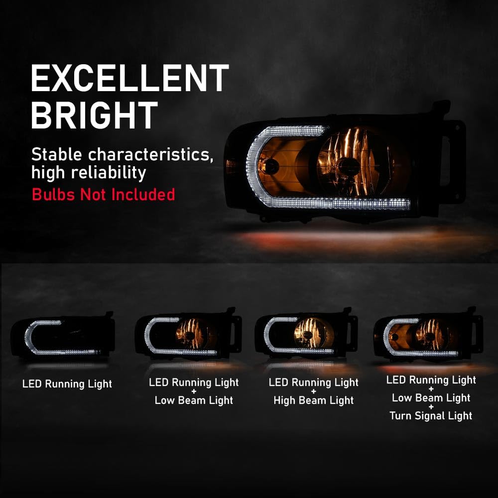 G-PLUS LED Headlights Headlamps Compatible with Dodge Ram 1500 2002-2005,Compatible with Dodge Ram 2500 3500 2003-2005 Smoke Lens Black Housing Clear Reflector,faros delanteros Assembly