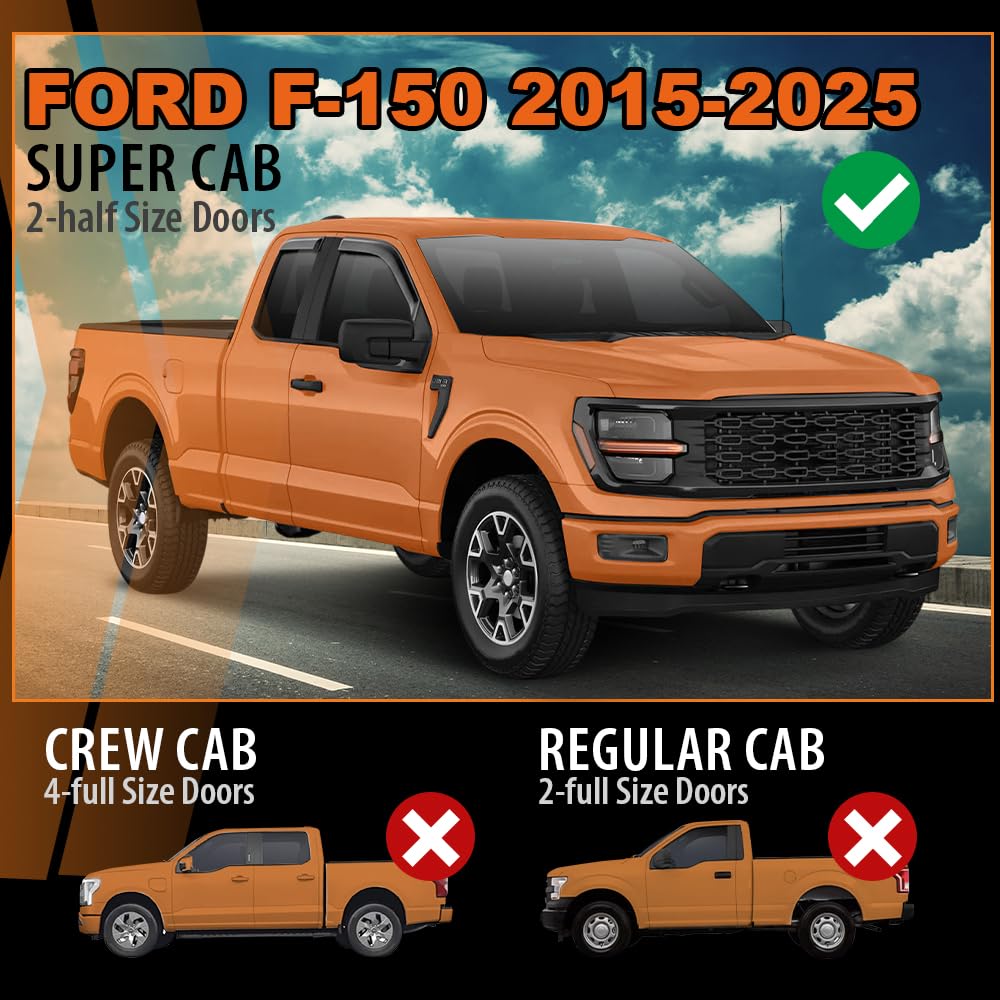 G-PLUS Out-Channel Window Vent Visor Deflectors Tape-On Side Rain Guards Compatible with Ford F150 SuperCab 2015-2024 4PCS Smoky