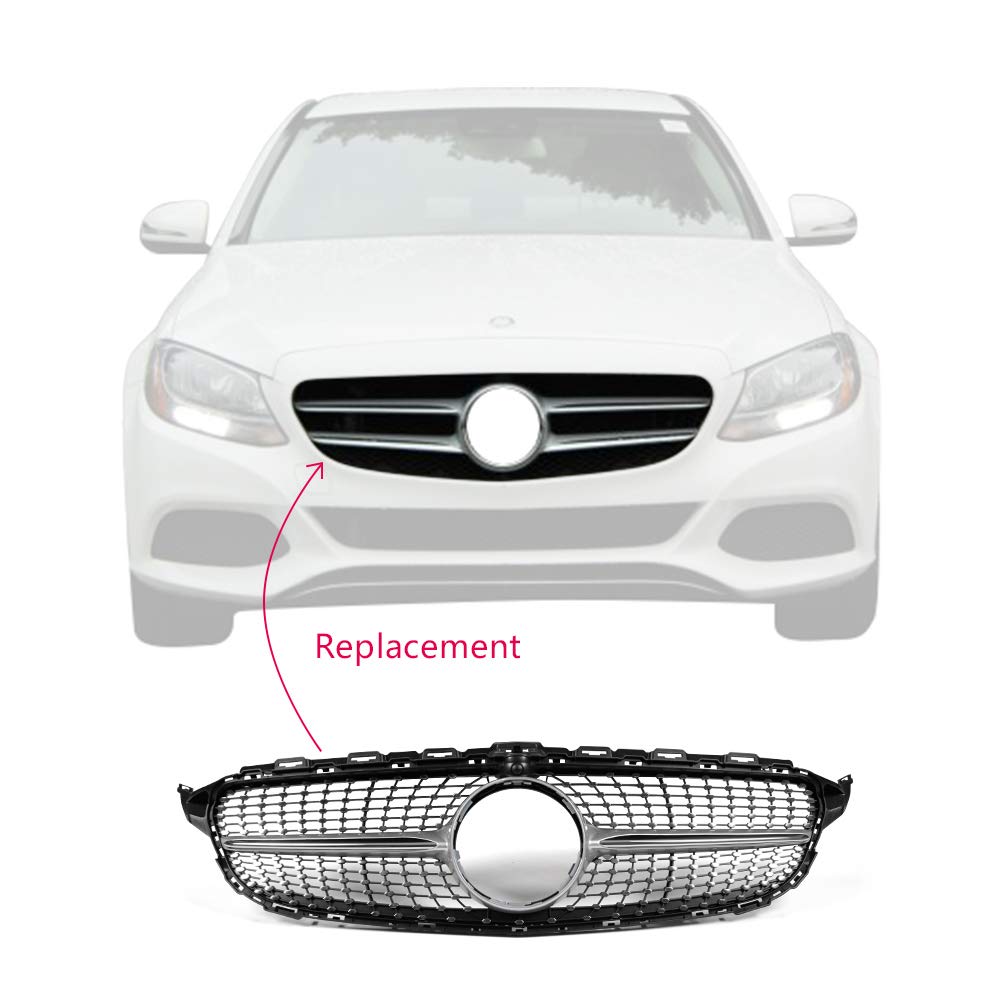 Diamond Style Front Bumper Grille Hood Grill Trim Shell Compatible with W205 C Class C250 C300 C400 C450 AMG Sport 2015 2016 2017 2018 (With Camera Hole)