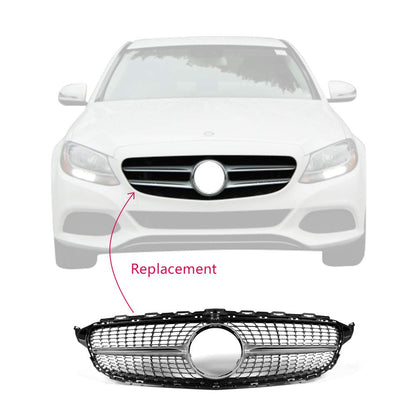 Diamond Style Front Bumper Grille Hood Grill Trim Shell Compatible with W205 C Class C250 C300 C400 C450 AMG Sport 2015 2016 2017 2018 (With Camera Hole)