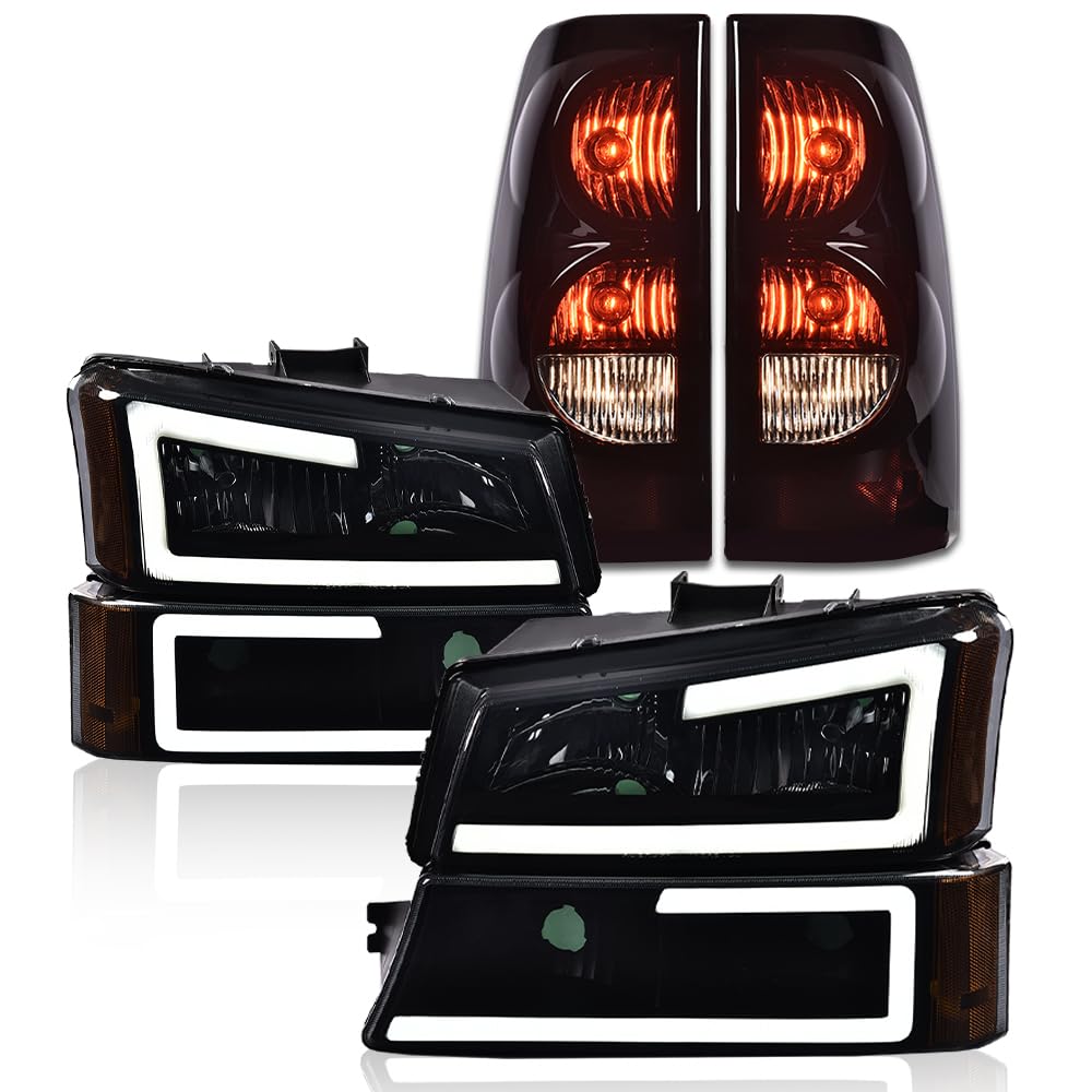 G-PLUS LED DRL Headlights Assembly + Tail Lights Fit Chevy Silverado 1500 1500 HD 2500 2500 HD 2003-2006, Smoky Lens Black Housing Amber Reflector Headlamps Assembly Dark Red Taillights