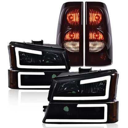 G-PLUS LED DRL Headlights Assembly + Tail Lights Fit Chevy Silverado 1500 1500 HD 2500 2500 HD 2003-2006, Smoky Lens Black Housing Amber Reflector Headlamps Assembly Dark Red Taillights