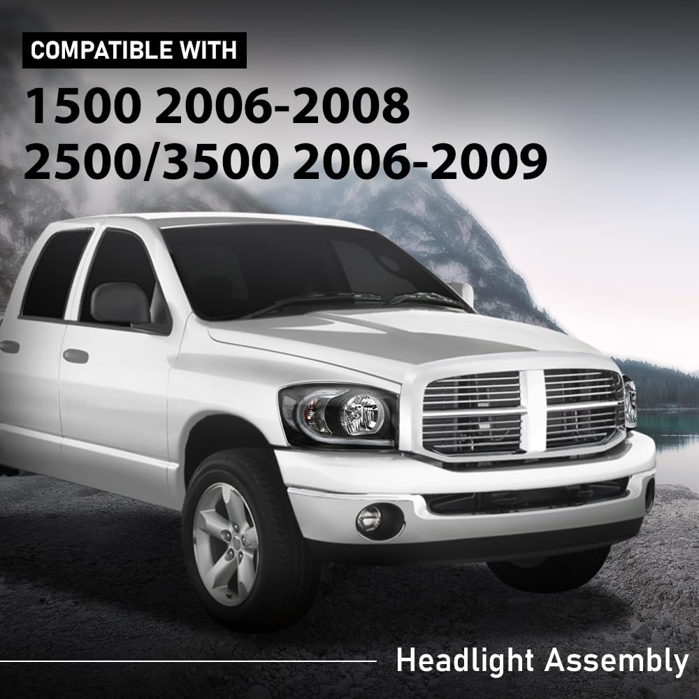 G-PLUS LED Headlights Assembly Front Headlamps Pair Set Compatible with Dodge Ram 1500 2006-2008,Compatible with Dodge Ram 2500 3500 2006-2009 Clear Lens Black Housing Clear Reflector,faros delanteros