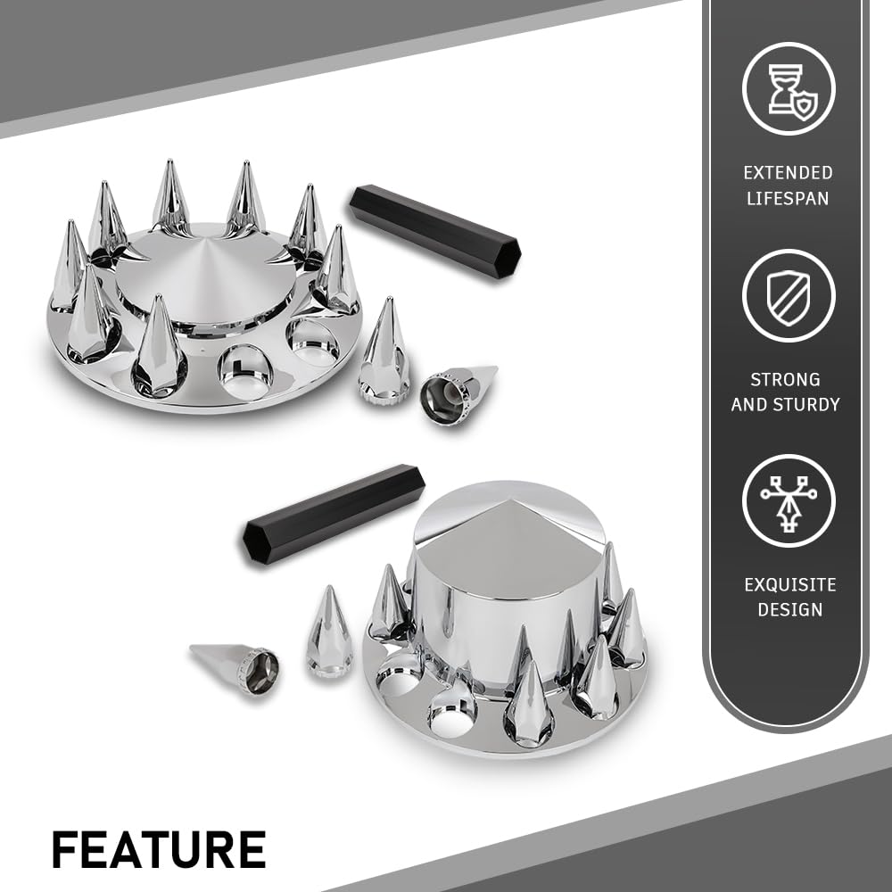G-PLUS Front & Rear Wheel Cover Chrome Hub Cover Kit 33mm Spiked Hub Axle Compatible with Semi-Trucks 20", 22.5" and 24.5" Hub Piloted Wheels
