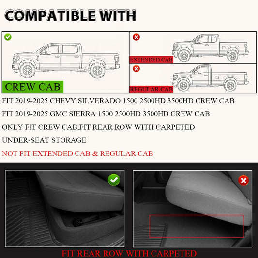 Floor Mats Cargo Liners, Compatible with Chevy Silverado GMC Sierra Crew Cab 2019-2025, 1st & 2nd Row 3PCS, All Weather Full Cover Protection