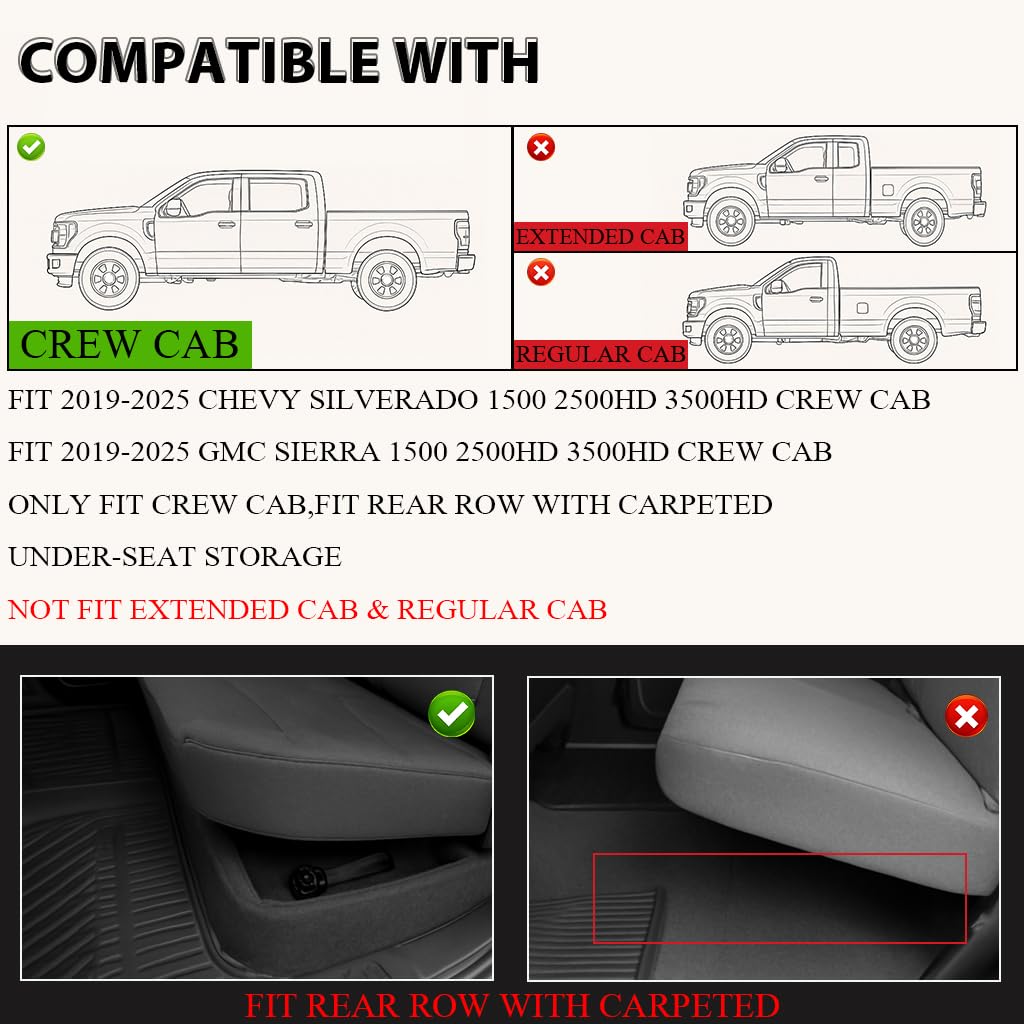 G-PLUS Floor Mats Fit for Chevy Silverado/GMC Sierra 1500 2500HD 3500HD Crew Cab 2019-2025(Fit with Rear Under-Seat Storage), TPE All Weather Custom Fit Floor Liner Car Mats 3 Piece Black