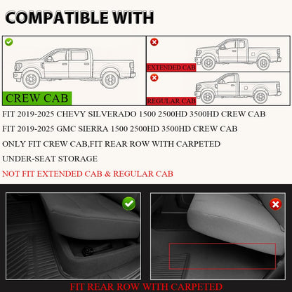 G-PLUS Floor Mats Fit for Chevy Silverado/GMC Sierra 1500 2500HD 3500HD Crew Cab 2019-2025(Fit with Rear Under-Seat Storage), TPE All Weather Custom Fit Floor Liner Car Mats 3 Piece Black