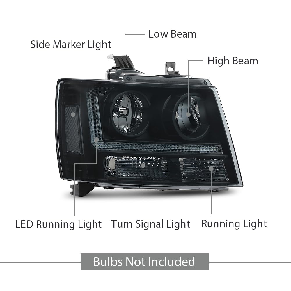 G-PLUS Headlights Assembly Projector Factory Headlamps Compatible with Chevy Tahoe Suburban 2007-2014 Smoky Lens Black Housing Clear Reflector Left & Right Bumper Head Light,faros delanteros
