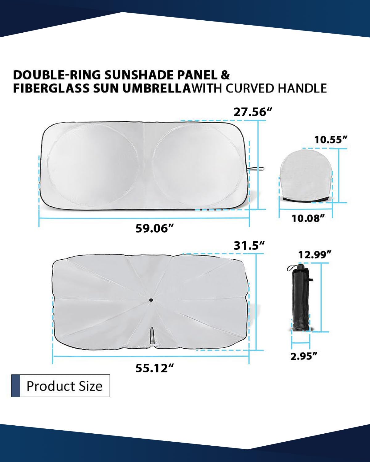 Retractable Windshield Sun Shade for car Windshield Sun Shade,99% UV Blocking,Long-Frequency and Short-Frequency Demand,Small(Sunshade 59.06"x27.56",Umbrella 55.12"x31.5")