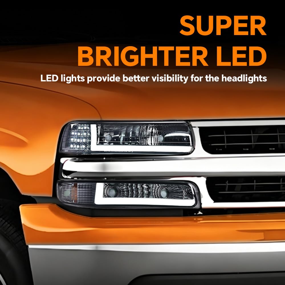 G-PLUS LED DRL Headlights, Compatible with 1999 2000 2001 200 2003 2004 2005 2006 Silverado/Suburban Bumper Headlamps, Smoky Lens Chrome Housing Amber Reflector