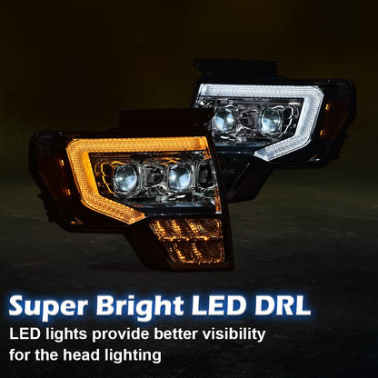G-PLUS LED Tube Dual Projector Headlights Assembly, Fit for 2009-2014 Ford F150(Only Fit LED) Bumper Headlamps Smoky Lens Chrome Housing Amber Reflector,faros delanteros
