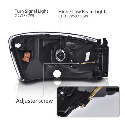 G-PLUS Headlights w/Bulbs Compatible with Dodge Ram 1500 2006-2008/Fit Dodge Ram 2500 3500 2006-2009,Clear Lens Chrome Housing Clear Reflector Left & Right Bumper Headlamps Assembly