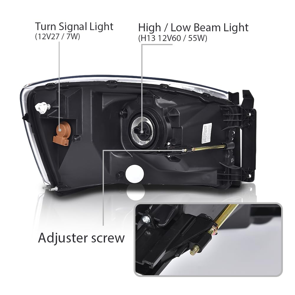 G-PLUS Headlights w/Bulbs Pair Compatible with Dodge Ram 1500 2006-2008/Fit Dodge Ram 2500 3500 2006-2009,Clear Lens Chrome Housing Clear Reflector Bumper Headlamps,faros delanteros Assembly