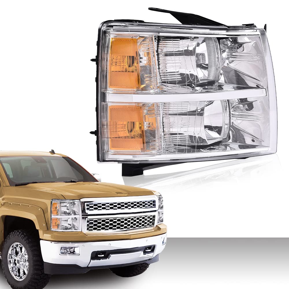 G-PLUS Headlights Assembly Compatible with Chevy Silverado 2007-2013/Fit Chevy Silverado 2500 HD 3500 HD 2007-2014 Bumper Headlamp Right Passenger Side Clear lens Chrome Housing Amber Reflector
