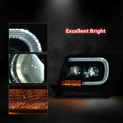 G-PLUS Headlights Assembly LED Compatible with Toyota Tacoma 2005-2011 DRL Tube Projector Headlamps Pair Smoky Lens Black Housing Clear Reflector,faros delanteros