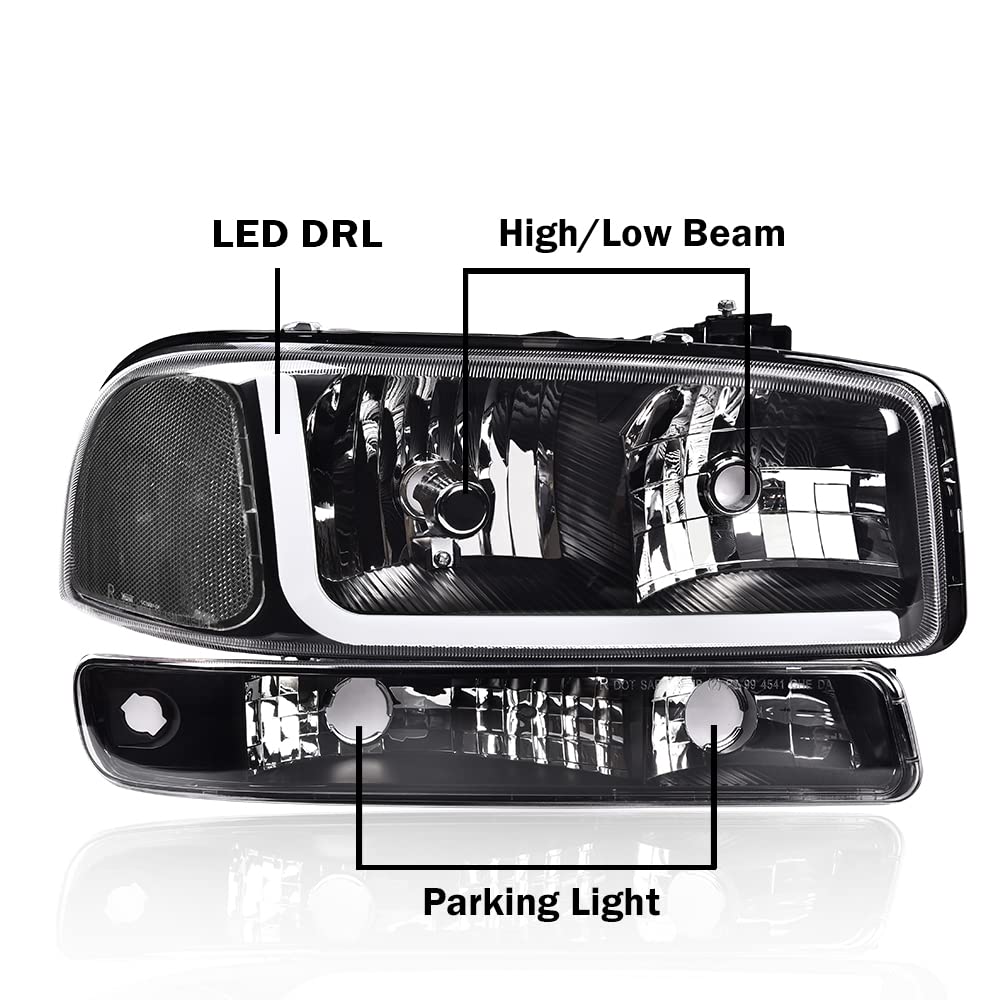 G-PLUS LED DRL Headlights Assembly, Compatible with 1999-2007 GMC Sierra 1500/2001-2007 GMC Sierra 1500 HD Bumper Headlamps, Clear Lens Black Housing Clear Reflector,faros delanteros