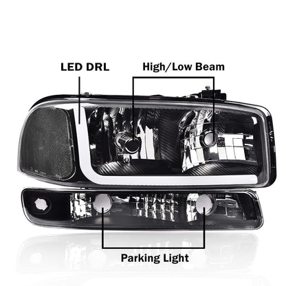 G-PLUS LED DRL Headlights Assembly, Compatible with 1999-2007 GMC Sierra 1500/2001-2007 GMC Sierra 1500 HD Bumper Headlamps, Clear Lens Black Housing Clear Reflector,faros delanteros