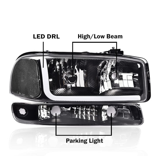 G-PLUS LED DRL Headlights Assembly Left Driver & Right Passenger Bumper Headlamps Compatible with GMC Sierra 1500 1999-2007; Fit GMC Sierra 1500 HD 2001-2007 Clear Lens Black Housing Clear Reflector