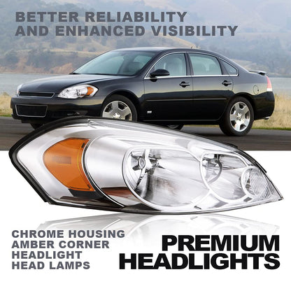 G-PLUS Headlights Assembly Fit 2006-2007 Chevy Monte Carlo/2006-2013 Chevy Impala/2014-2016 Chevy Impala Limited Headlamps, Clear Lens Chrome Housing Amber Reflector Left&Right,faros delanteros
