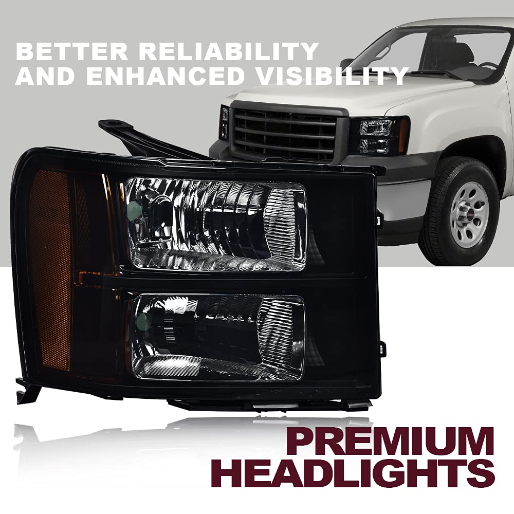 G-PLUS Headlights Assembly Compatible with GMC Sierra 1500 2007-2013 /Fit for GMC Sierra 2500HD 3500HD 2007-2014 Headlamps Left and Right Side Smoky Lens Black Housing Amber Reflector,faros delanteros