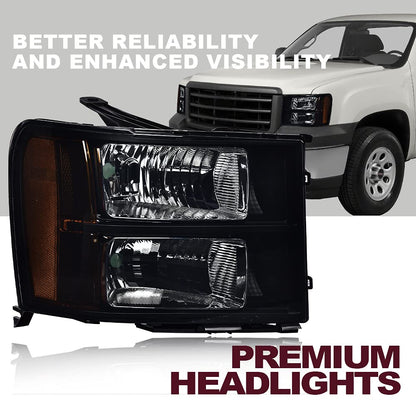 G-PLUS Headlights Assembly Compatible with GMC Sierra 1500 2007-2013 /Fit for GMC Sierra 2500HD 3500HD 2007-2014 Headlamps Left and Right Side Smoky Lens Black Housing Amber Reflector,faros delanteros