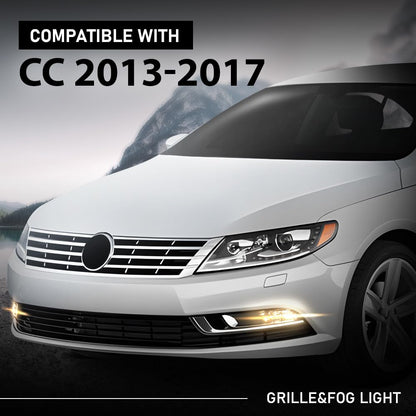 G-PLUS Front Bumper Grille & Fog Lights & Fog Lamp Covers Set 5PCS, Compatible with Volkswagen CC 2013-2017, VW2592125, 3C8941700, 3C8 854 661