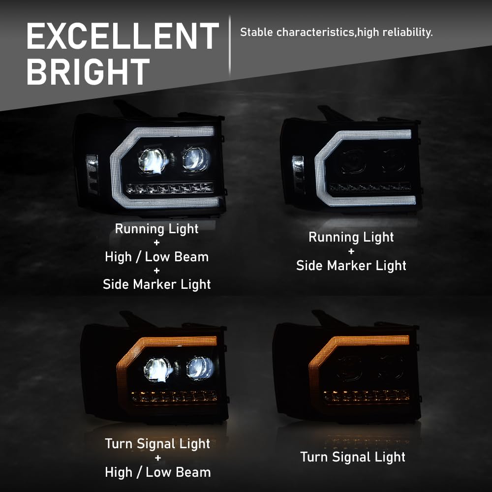 G-PLUS LED DRL Headlights Assembly Compatible with GMC Sierra 1500 2007-2013/Fit GMC Sierra 2500HD 3500HD 2007-2014 Smoky Lens Black Housing Clear Reflector Left & Right Headlamps,faros delanteros