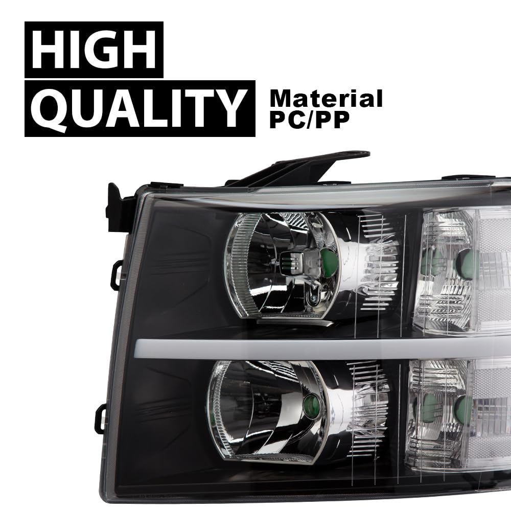 G-PLUS LED DRL Headlights, Fit 2007-2014 Chevy Silverado 2500 3500 & HD Models/Fit 2007-2013 Chevy Silverado 1500 Bumper Headlamps, Clear Lens Black Housing Clear Reflector