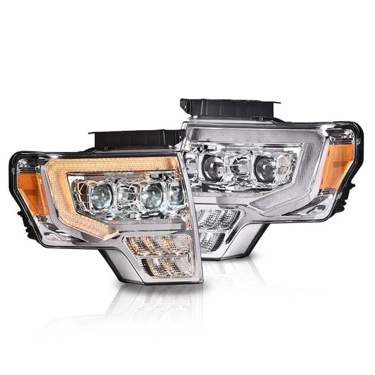 G-PLUS LED Left + Right Side Tube Dual Projector Headlights & Tail Lights Compatible with 2009-2014 Ford F150 (Clear Lens Chrome Housing Headlights + Tail Lights)