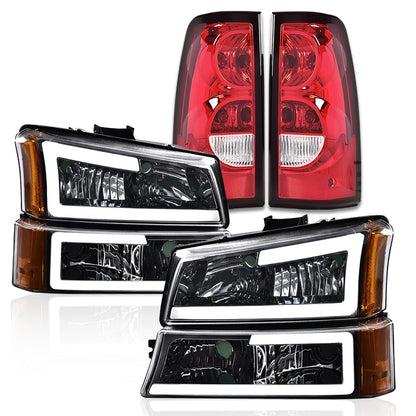 G-PLUS LED DRL Headlights Assembly & Tail Lights Fit Chevy Silverado 1500 1500 HD 2500 2500 HD 2003-2006, Clear Lens Chrome Housing Amber Reflector Headlamps Assembly Red Taillights