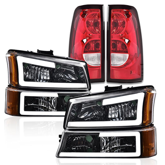 G-PLUS LED DRL Headlights Assembly & Tail Lights Fit Chevy Silverado 1500 1500 HD 2500 2500 HD 2003-2006, Clear Lens Chrome Housing Amber Reflector Headlamps Assembly Red Taillights