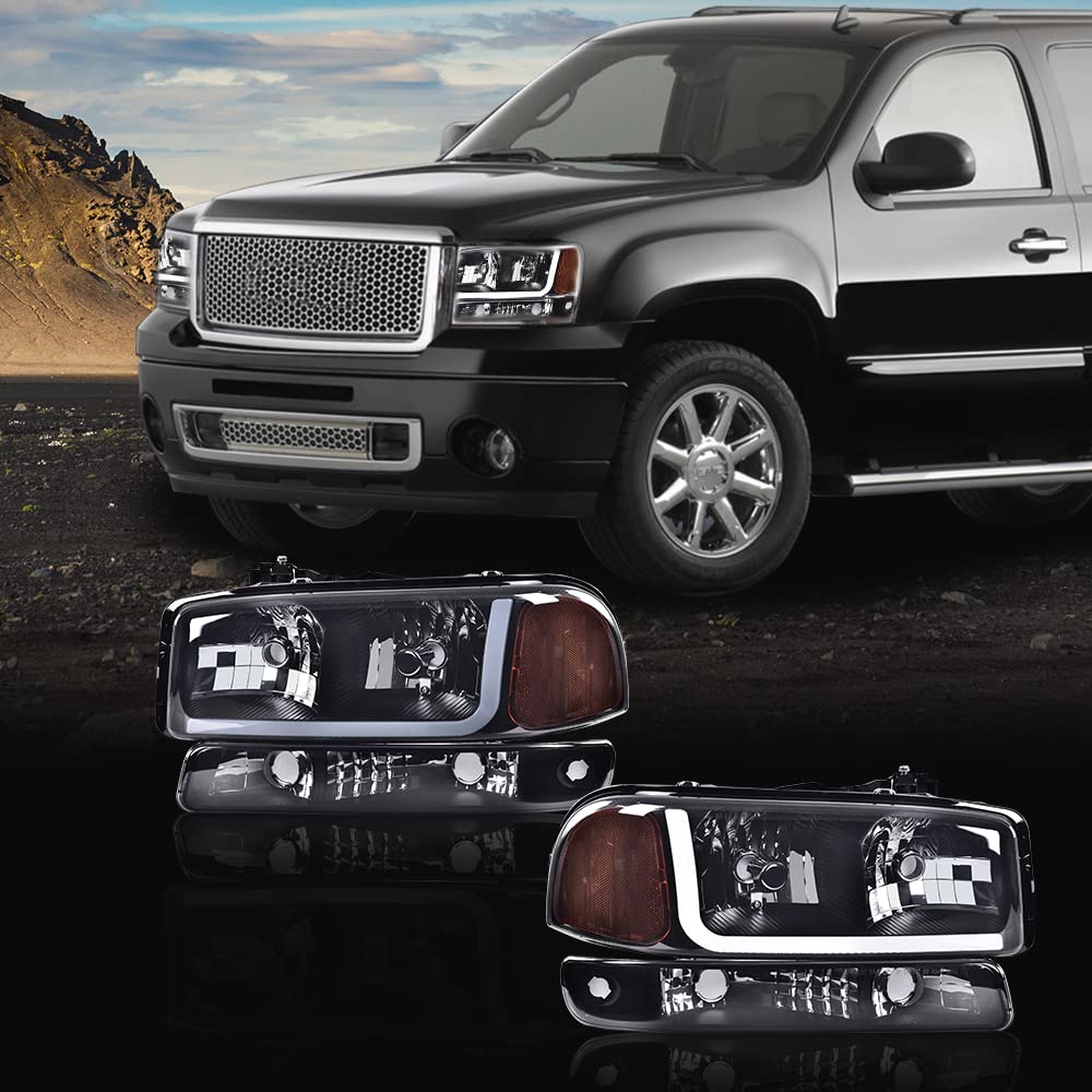 G-PLUS LED Headlights Assembly Fit GMC Sierra 1500HD 2500HD 3500 1999-2007/Fit GMC Yukon XL 1500 2500 1999-2006,DRL Headlamps Smoky Lens Black Housing Amber Reflector,faros delanteros