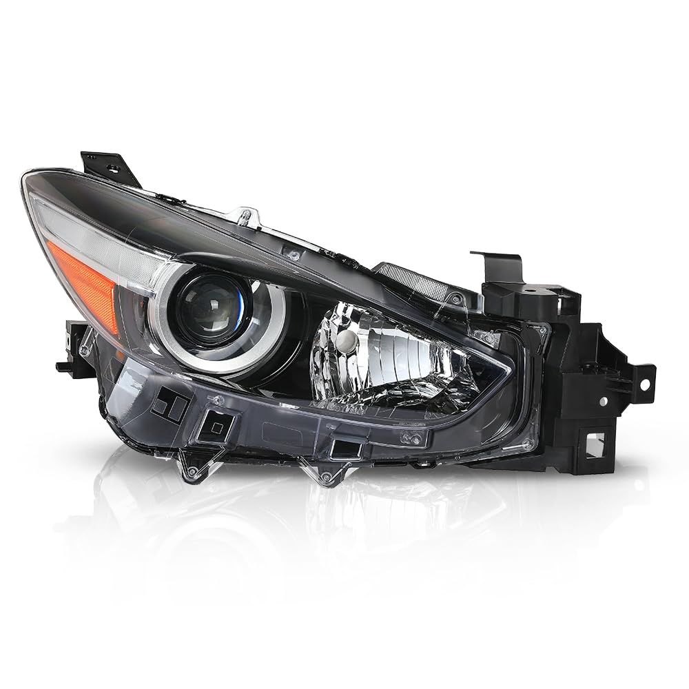 G-PLUS Projector Halogen Headlight Right Passenger Side Compatible with Mazda 3 2017-2018 4-Door Sedan & Hatchback Clear Lens Black Housing Amber ReflectorBumper Headlamps,faros delanteros