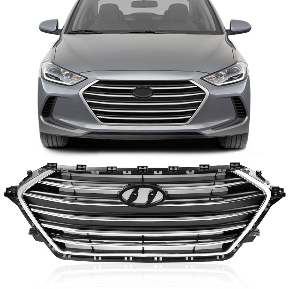 G-PLUS Front Upper Bumper Grille Chrome & Black Grill Trim Compatible With 2017-2018 Hyundai Elantra